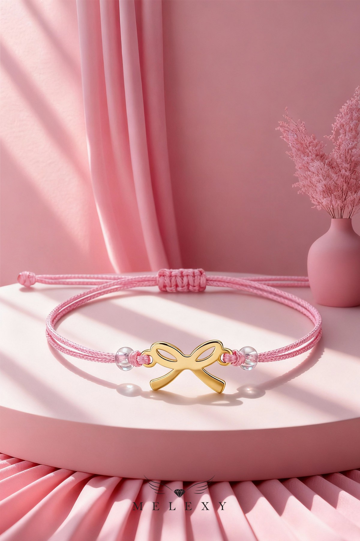 14 Ayar Altın Fiyonk Pembe İpli Bileklik