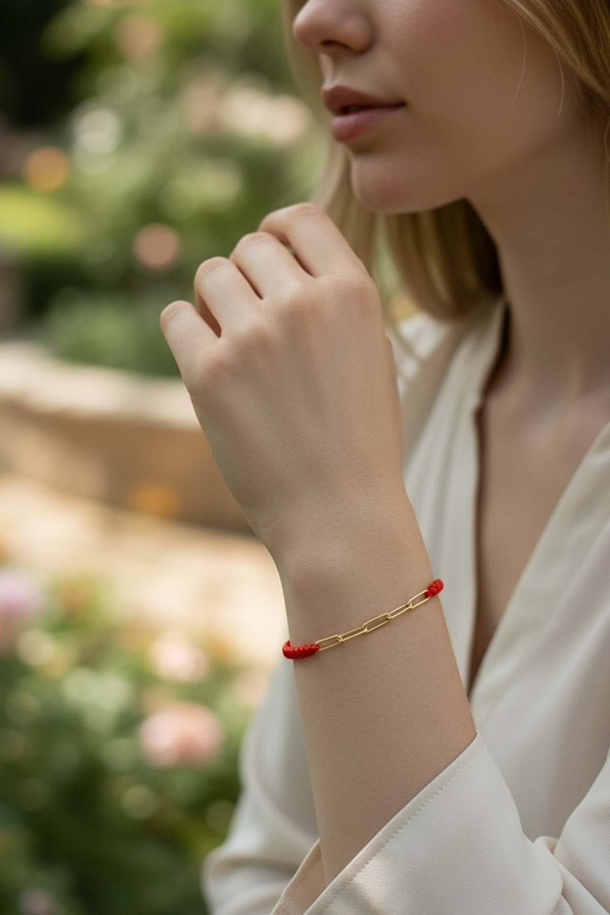 14 Ayar Altın Ataç Zincir Kırmızı İpli Bileklik 